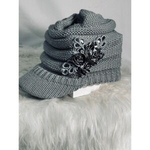 C.C Exclusives Womens Grey Knit Visor Beanie Hat Floral Rose Accent Newsboy